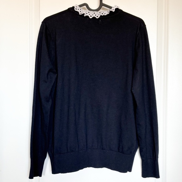 Sandro Paris Colane Crochet-Trim Navy Wool Silk Ruffle Lace Collar Sweater - Picture 4 of 6